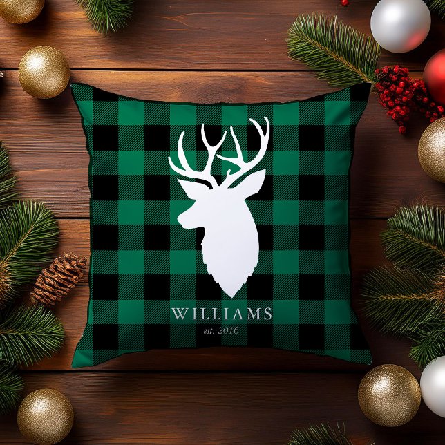 Rustic Green Plaid and Reindeer Christmas Cushion (Creator Uploaded)