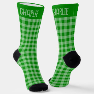 Rustic Green Plaid Custom Name on Gingham Pattern Socks