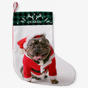 Rustic Green Plaid Custom Photo Pet Dog Small Christmas Stocking