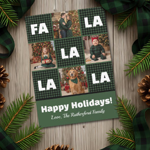 Rustic Green Plaid Fa La La Custom Photo Christmas Holiday Card