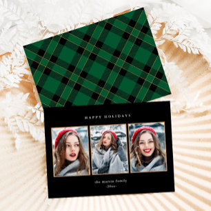Rustic Green Plaid Faux Gold Three Photo Christmas Holiday Card