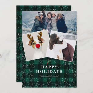 Rustic green plaid flannel mistletoe snow 3 photos holiday card