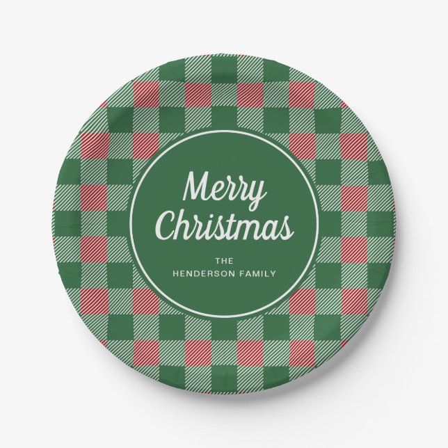 Rustic Green Plaid Merry Christmas Paper Plate (Front)