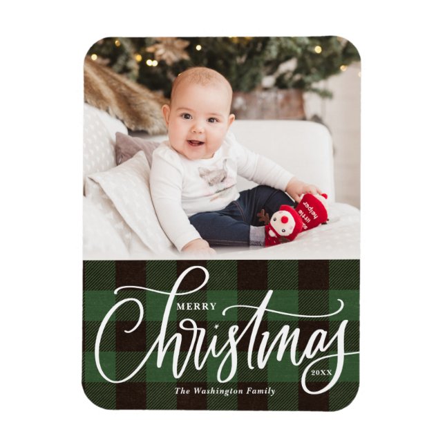 Rustic Green Plaid Merry Christmas Photo Magnet (Vertical)