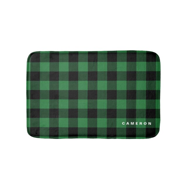 Rustic Green Plaid Pattern Holiday Personalised Bath Mat (Front)