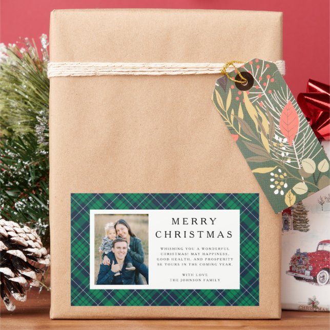 Rustic Green Plaid Photo Christmas Rectangular Sticker (Holiday)