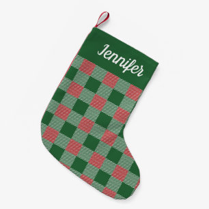 Rustic Green Plaid Script Name  Small Christmas Stocking