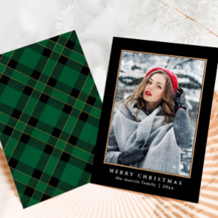 Rustic Green Plaid with Faux Gold Photo Christmas Holiday Card