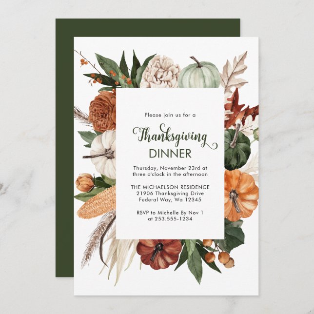 Rustic Green Pumpkin Thanksgiving Dinner Invitation (Front/Back)