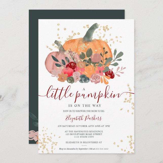 Rustic green red floral pumpkin fall baby shower invitation (Front/Back)