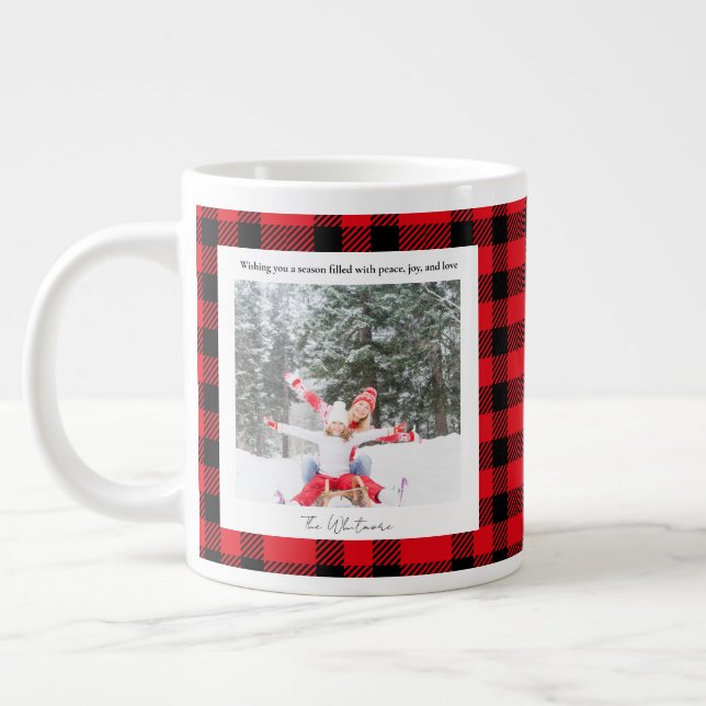 Rustic Green Red Plaid Monogram 2 Photo Christmas Large Coffee Mug (Left)