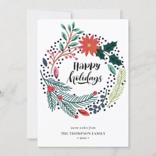 Rustic Green Red Poinsettia Floral Wreath Simple Holiday Card
