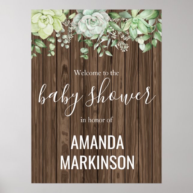 Rustic Green Succulent Modern Baby Shower Poster (Front)