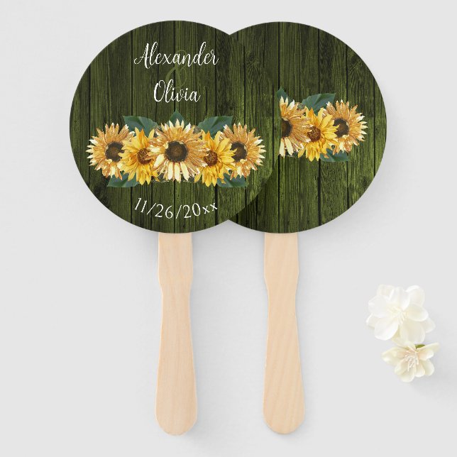Rustic Green Sunflower Wedding Favour Hand Fan (Front and Back)