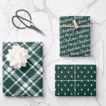 Rustic Green Tartan Plaid Merry Christmas Pattern Wrapping Paper Sheet<br><div class="desc">Rustic modern gift wrap set features three coordinating holiday wrapping paper sheets: deep evergreen / forest green and white tartan plaid,  black with white script "Merry Christmas" text,  and green with little white pine trees pattern.</div>