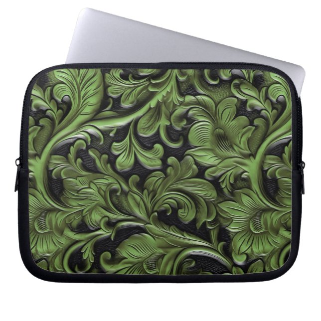 Rustic green tooled leather  laptop sleeve (Front)