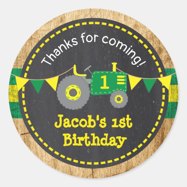Rustic Green Tractor 1st Birthday Favour Sticker (Front)