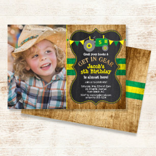 Rustic Green Tractor Birthday Photo Invitation