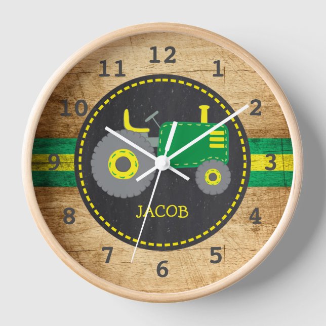 Rustic Green Tractor Boy's Bedroom Nursery Wood Clock (Front)