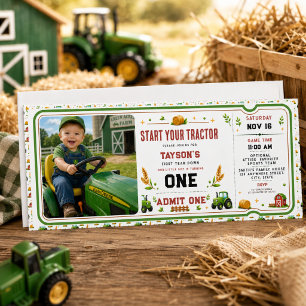 Rustic Green Tractor Farm 1st Birthday Ticket Invitation