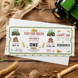 Rustic Green Tractor Farm 1st Birthday Ticket Invitation