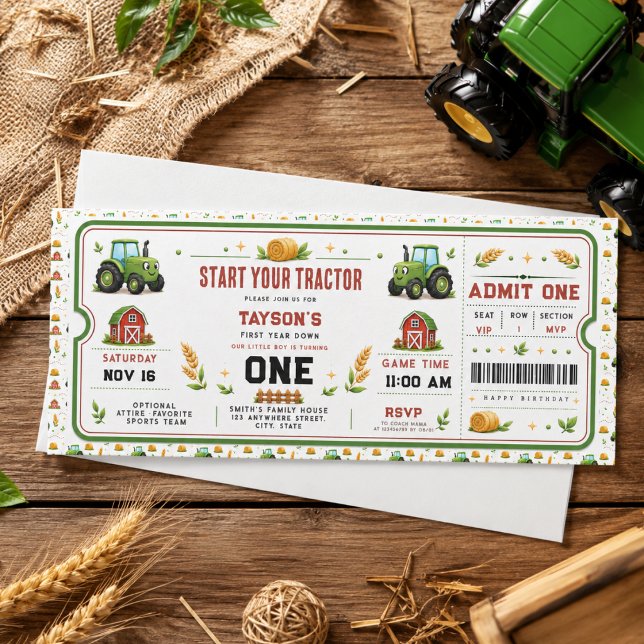 Rustic Green Tractor Farm 1st Birthday Ticket Invitation (Rustic Green Tractor Farm 1st Birthday Ticket Invitation
)