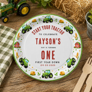 Rustic Green Tractor Farm First Year Down One Paper Plate