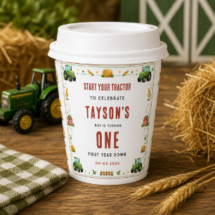 Rustic Green Tractor First Year Down Farm Theme Paper Cups