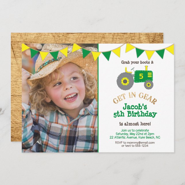Rustic Green Tractor Photo Birthday Party Invitation (Front/Back)