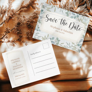 Rustic Green Watercolor Botancial Save the Date Announcement Postcard
