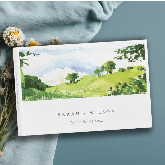 Rustic Green Watercolor Countryside Hills Wedding Guest Book (Creator Uploaded)