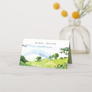 Rustic Green Watercolor Countryside Hills Wedding Place Card