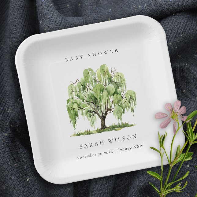 Rustic Green Watercolor Willow Tree Baby Shower Paper Plate (Creator Uploaded)