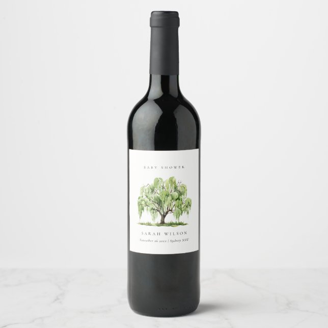 Rustic Green Watercolor Willow Tree Baby Shower Wine Label (Front)
