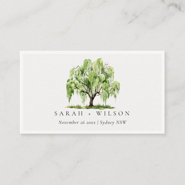 Rustic Green Watercolor Willow Tree Farm Wedding Place Card (Front)