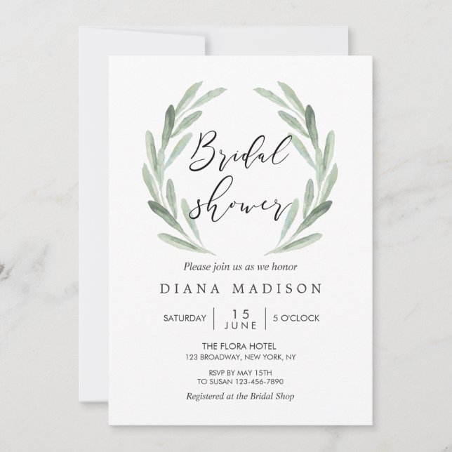 Rustic Green Watercolor Wreath Chic Bridal Shower Invitation (Front)