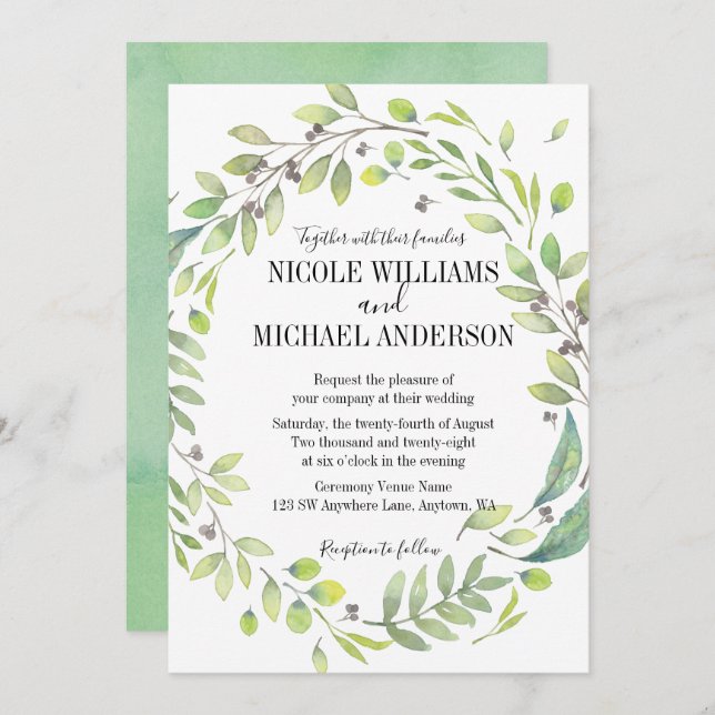 RUSTIC Green watercolor WREATH Foliage WEDDING Invitation (Front/Back)