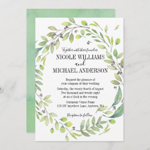 RUSTIC Green watercolor WREATH Foliage WEDDING Invitation
