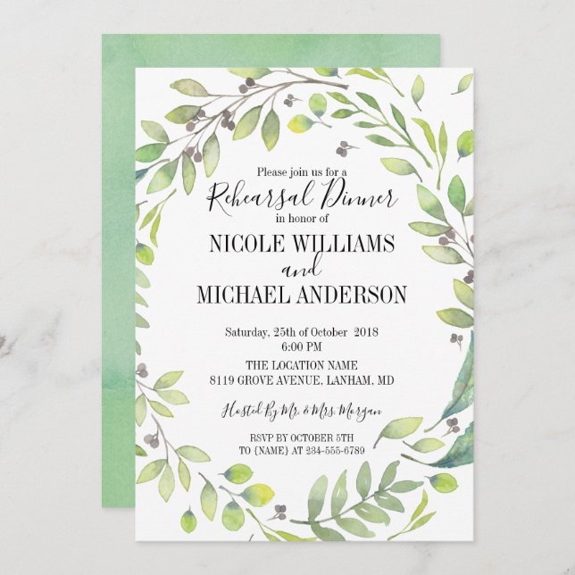 RUSTIC Green watercolor WREATH Rehearsal Dinner Invitation (Front/Back)