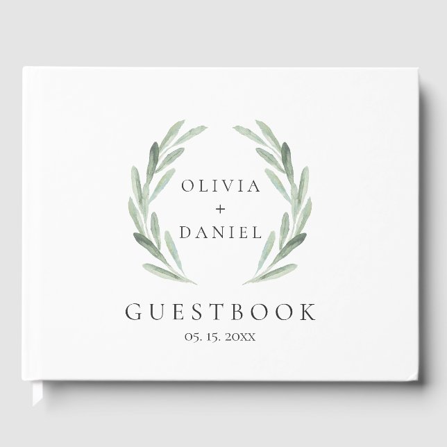 Rustic Green Watercolor Wreath Simple Wedding Guest Book (Front)