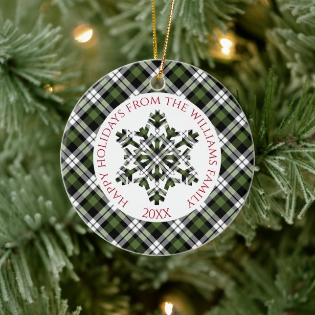 Rustic Green White Black Tartan Checks Snowflakes Ceramic Tree Decoration (Tree)