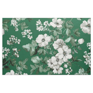 Rustic Green White Botanical Bold Vintage Floral Fabric