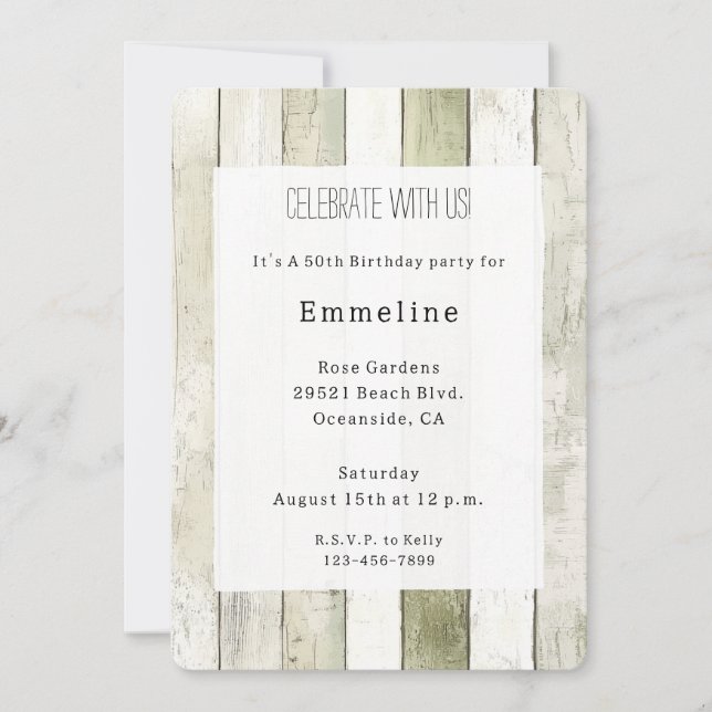 Rustic Green White Faux Wood Birthday Invitation (Front)