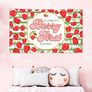 Rustic Green White Stripes Berry First Birthday Banner