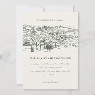 Rustic Green Winery Mountain Sketch Wedding Invitation
