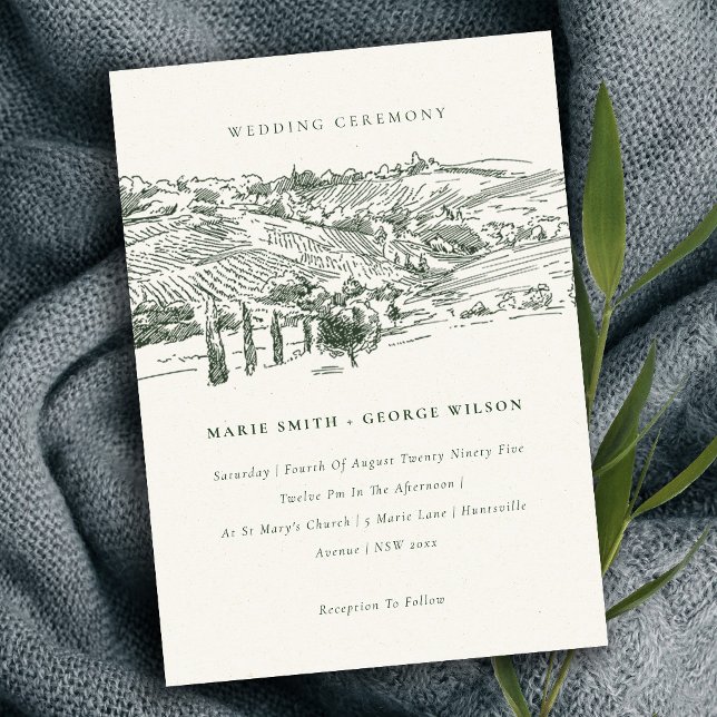 Rustic Green Winery Mountain Sketch Wedding Invite (Creator Uploaded)