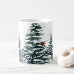 Rustic Green Winter Pine Trees Red Cardinal Bird  Coffee Mug<br><div class="desc">Rustic Green Winter Pine Trees Red Cardinal Bird Watercolor Coffee Mug. Celebrate holidays with this simple and modern non-photo design festive, natural nature colour style cards! Featuring a snowy day in a mountain with tall, soft green painted watercolor forest pine trees and a winter red bird on the tree. Wish...</div>