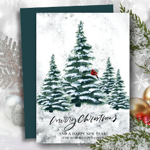 Rustic Green Winter Pine Trees Red Cardinal Bird  Holiday Card