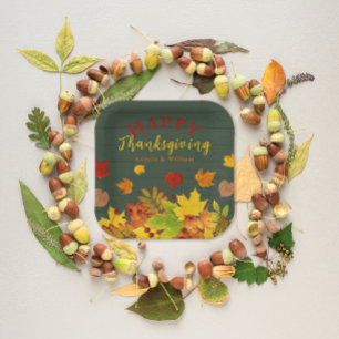 Rustic Green Wood Autumn Leaves Thanksgiving Paper Plate