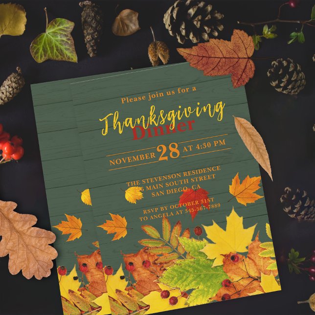 Rustic Green Wood Autumn Thanksgiving Dinner Invitation (Creator Uploaded)
